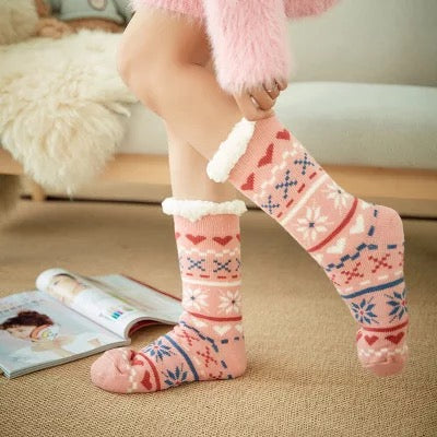 Winter Super Warm Cozy Knitted Sherpa Lined with Grippers Bootie Slipper Socks - One Pair
