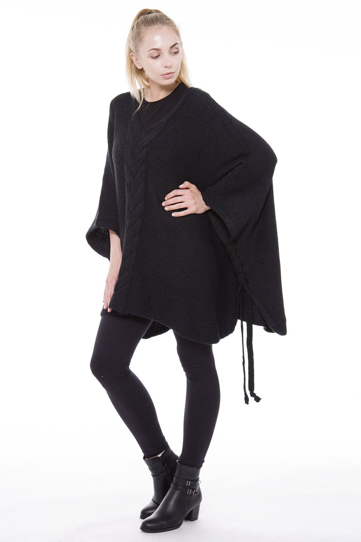 Teresa Solid Color Knitted Poncho W/ Criss-Cross Strings