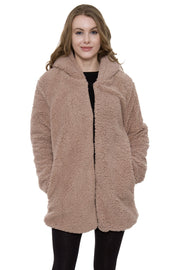Natalie Solid Color Fleece Coat W/ Hood, Pockets, & Hook Closure