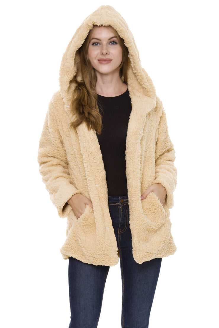 Natalie Solid Color Fleece Coat W/ Hood, Pockets, & Hook Closure